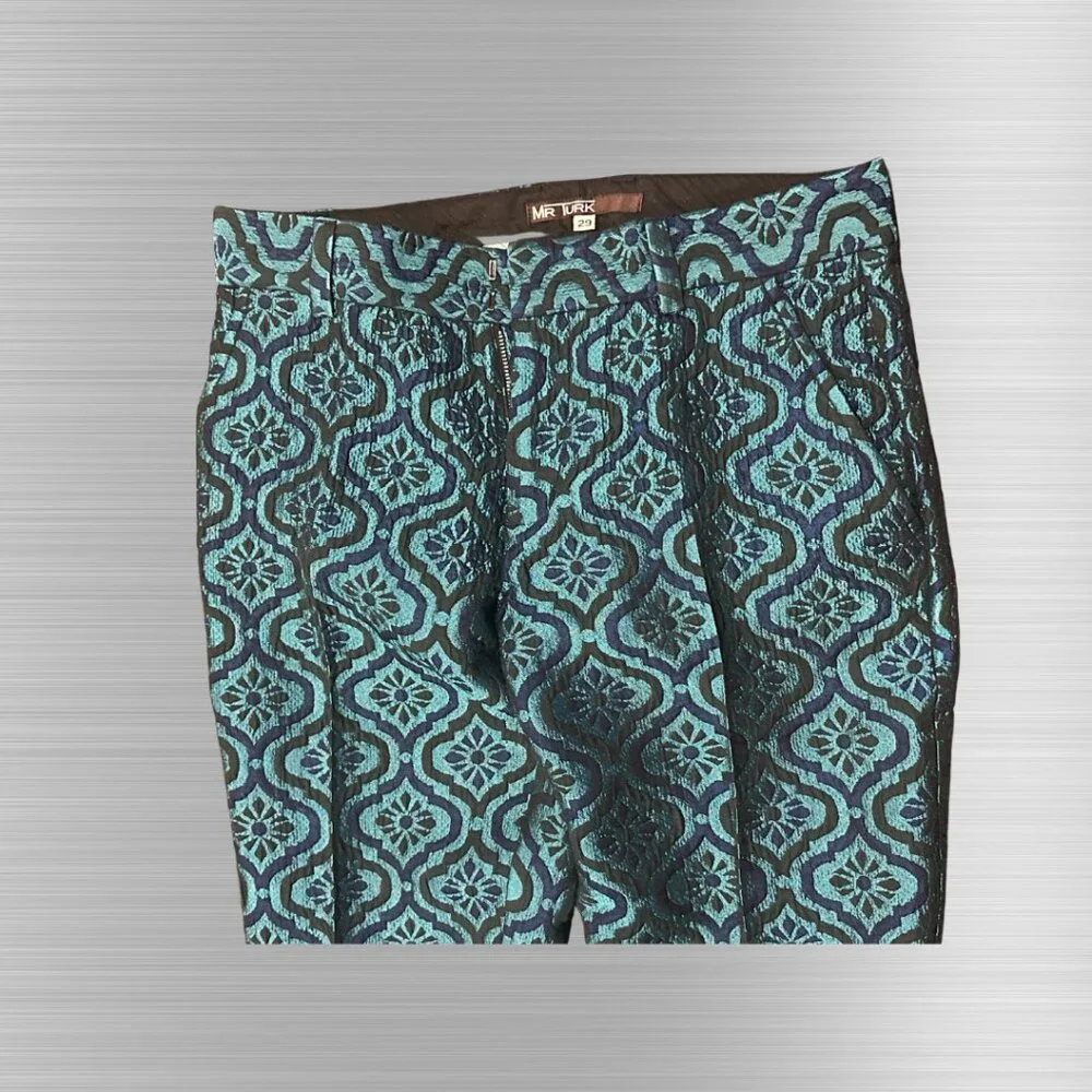 Men's Patterned Blue Teal Stretch Pants - Picture 2 of 7